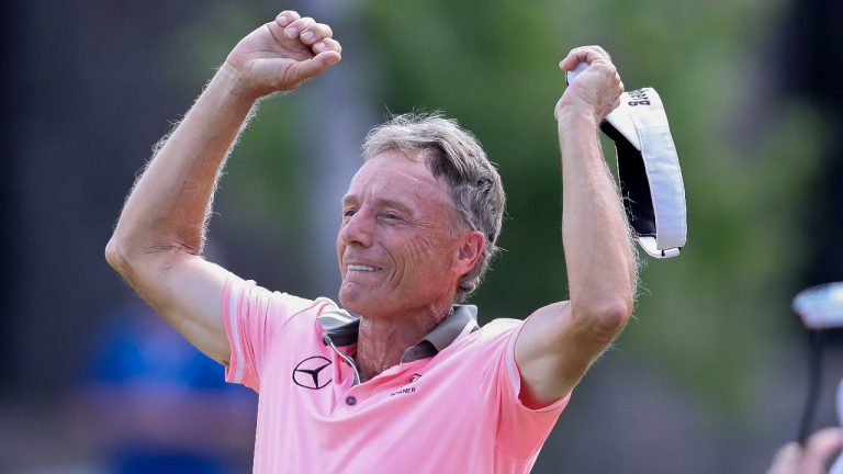 Bernhard Langer, left, celebrates after sinking a putt on the 18th hole during the final round of the U.S. Senior Open golf tournament Sunday, July 2, 2023, in Stevens Point, Wis. (Tork Mason/The Post-Crescent via AP)