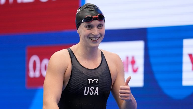 Katie Ledecky of United States gestures after the women's 1500m freestyle finals at the World Swimming Championships in Fukuoka, Japan, Tuesday, July 25, 2023. (Eugene Hoshiko/AP Photo)