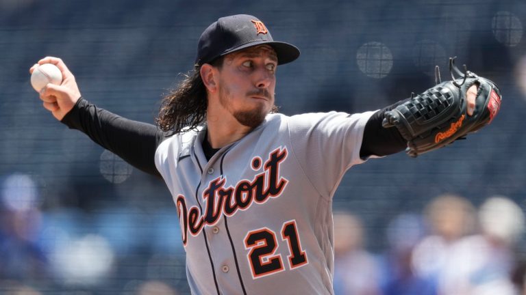 Detroit Tigers starting pitcher Michael Lorenzen throws during the first inning of a baseball game against the Detroit Tigers Thursday, July 20, 2023, in Kansas City, Mo. (Charlie Riedel/AP Photo)