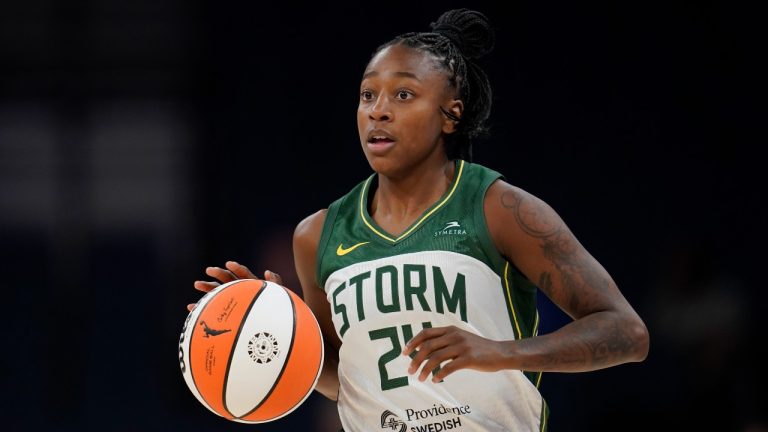 Seattle Storm guard Jewell Loyd dribbles down the court during the first half of a WNBA basketball game against the Minnesota Lynx, Tuesday, June 27, 2023, in Minneapolis. (AP Photo)