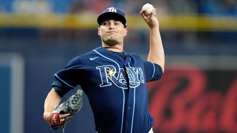 Tampa Bay Rays starting pitcher Shane McClanahan delivers to the Kansas City Royals during the first inning of a baseball game Thursday, June 22, 2023, in St. Petersburg, Fla. (Chris O'Meara/AP)