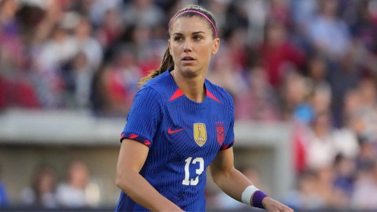 United States' Alex Morgan plays during the first half of an international friendly soccer match against Ireland Tuesday, April 11, 2023, in St. Louis. (Jeff Roberson/AP)