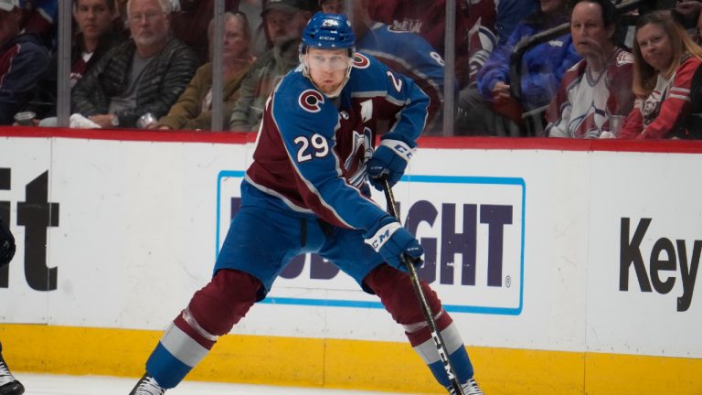 Colorado Avalanche center Nathan MacKinnon (29) in the second period of Game 7 of an NHL first-round playoff series Sunday, April 30, 2023, in Denver. (David Zalubowski/AP)