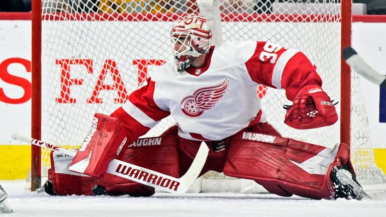 Detroit Red Wings goaltender Alex Nedeljkovic makes a pad save during the first period of an NHL hockey game against the Philadelphia Flyers, Saturday, March 25, 2023, in Philadelphia. (Derik Hamilton/AP)