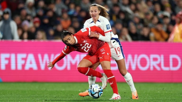 Meriame Terchoun of Switzerland controls the ball against Marit Bratberg Lund of Norway during the FIFA Women's World Cup Australia & New Zealand 2023 Group A match between Switzerland and Norway at Waikato Stadium on July 25, 2023 in Hamilton, New Zealand. (Buda Mendes/Getty Images)