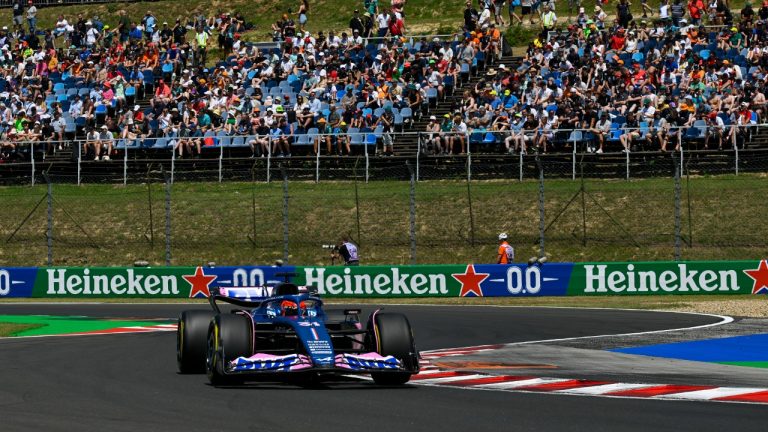 French Formula One driver Esteban Ocon of Alpine F1 Team steers his car during the third free practice ahead of Sunday's Formula One Hungarian Grand Prix auto race, at the Hungaroring racetrack in Mogyorod, near Budapest, Hungary, Saturday, July 22, 2023. (Denes Erdos/AP)