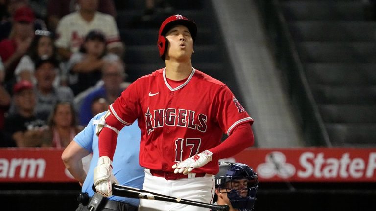 Los Angeles Angels' Shohei Ohtani reacts after striking out during the seventh inning of a baseball game against the New York Yankees Tuesday, July 18, 2023, in Anaheim, Calif. (Mark J. Terrill/AP Photo)