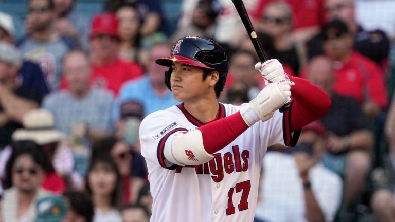 Los Angeles Angels' Shohei Ohtani bats during the first inning of a baseball game against the Pittsburgh Pirates Saturday, July 22, 2023, in Anaheim, Calif. (Mark J. Terrill/AP)