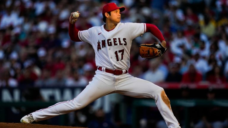 Los Angeles Angels starting pitcher Shohei Ohtani (17) throws during the third inning of a baseball game against the Houston Astros in Anaheim, Calif., Friday, July 14, 2023. (Ashley Landis/AP)