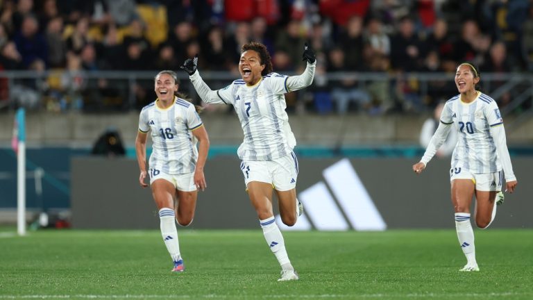 Sarina Bolden of Philippines celebrates after scoring her team's first goal during the FIFA Women's World Cup Australia & New Zealand 2023 Group A match between New Zealand and Philippines at Wellington Regional Stadium on July 25, 2023 in Wellington, New Zealand. (Catherine Ivill/Getty Images)