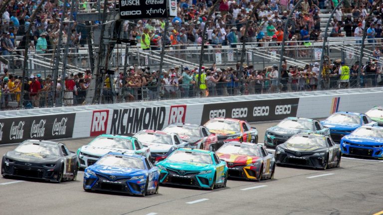 Tyler Reddick leads the field to start a NASCAR Cup Series auto race Sunday, July 30, 2023, in Richmond, Va. (Skip Rowland/AP)