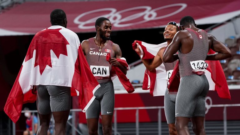 While this weekend's goal is to qualify for the Paris Olympics, Canada's men's 4x100-metre relay team is aiming higher. (Nathan Denette/THE CANADIAN PRESS)