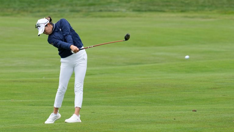 Rose Zhang hits from the second fairway during a practice round for the U.S. Women's Open golf tournament at the Pebble Beach Golf Links, Tuesday, July 4, 2023, in Pebble Beach, Calif. (Darron Cummings/AP)