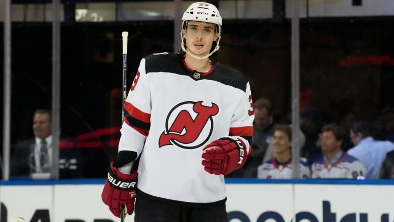 New Jersey Devils defenseman Ryan Graves during the first period of Game 6 of an NHL hockey Stanley Cup first-round playoff series against the New York Rangers, Saturday, April 29, 2023, at Madison Square Garden in New York. (Mary Altaffer/AP)