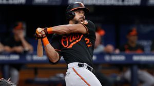 Baltimore Orioles' Anthony Santander lines out to short against the Tampa Bay Rays during the sixth inning of a baseball game Friday, July 21, 2023, in St. Petersburg, Fla. (Scott Audette/AP)