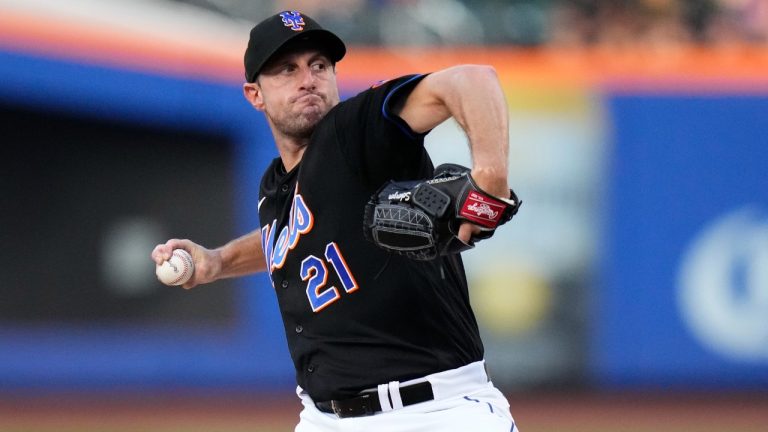 New York Mets' Max Scherzer pitches during the first inning of a baseball game against the Washington Nationals Friday, July 28, 2023, in New York. (AP)