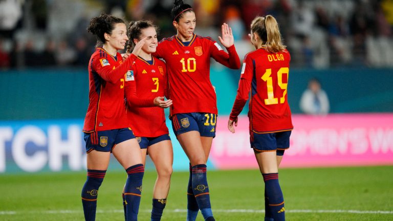 Spain's Ivana Andres, Teresa Abelleira, Jennifer Hermoso and Olga Carmona, from left, celebrate at the end of the Women's World Cup Group C soccer match between Spain and Zambia at Eden Park in Auckland, New Zealand, Wednesday, July 26, 2023. Spain won 5-0. (Abbie Parr/AP)