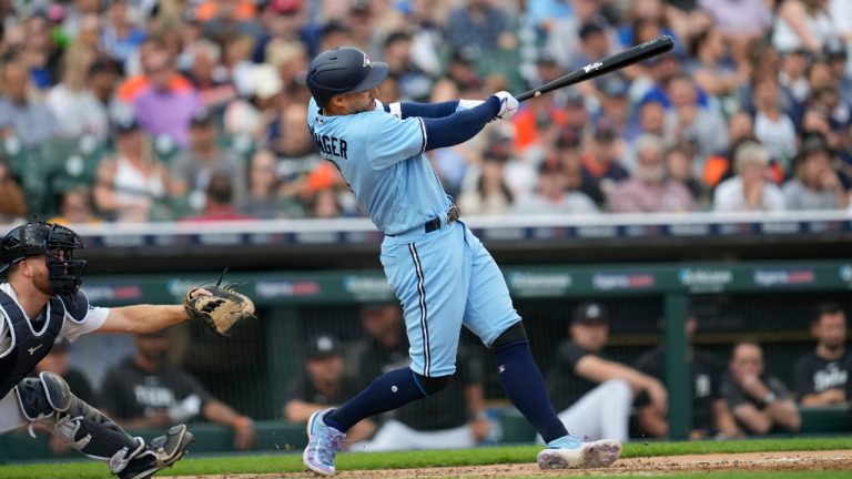 Toronto Blue Jays' George Springer hits a two-run home run against the Detroit Tigers in the fourth inning of a baseball game, Friday, July 7, 2023, in Detroit. (Paul Sancya/AP)