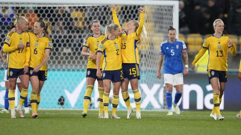 Sweden's Rebecka Blomqvist, third from right, celebrates after scoring a goal during the Women's World Cup Group G soccer match between the Sweden and Italy in Wellington, New Zealand. (John Cowpland/AP)
