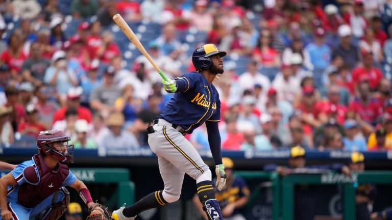 Milwaukee Brewers' Raimel Tapia plays during a baseball game, Thursday, July 20, 2023, in Philadelphia. (Matt Slocum/AP)