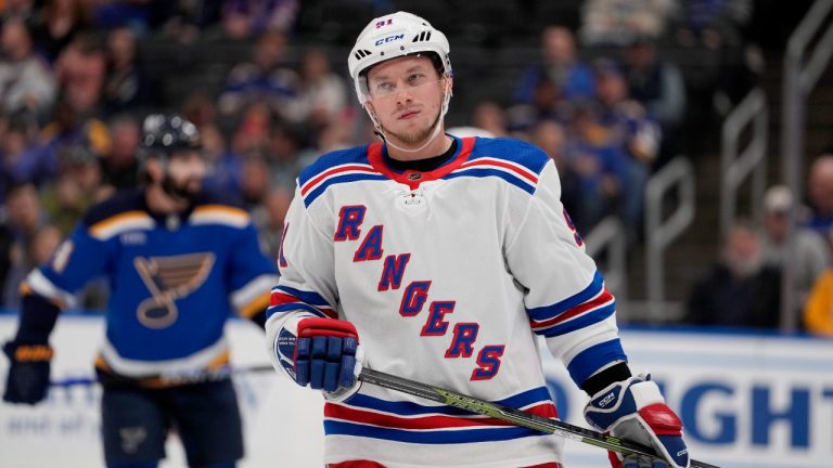 New York Rangers' Vladimir Tarasenko (91) takes to the ice during the first period of an NHL hockey game against the St. Louis Blues Thursday, April 6, 2023, in St. Louis. (Jeff Roberson/AP)