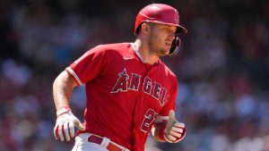 Los Angeles Angels' Mike Trout (27) runs on a single during the seventh inning of a baseball game against the Chicago White Sox in Anaheim, Calif., Thursday, June 29, 2023. (Ashley Landis/AP)