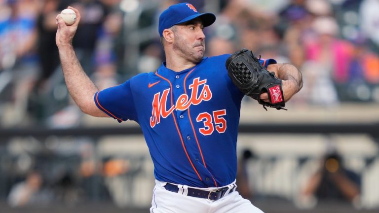 New York Mets starting pitcher Justin Verlander (35) throws in the seventh inning of a baseball game against the San Francisco Giants, Saturday, July 1, 2023, in New York. (John Minchillo/AP)