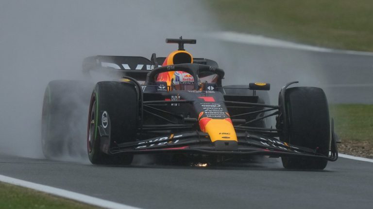 Red Bull driver Max Verstappen of the Netherlands steers his car during the third free practice at the British Formula One Grand Prix at the Silverstone racetrack, Silverstone, England, Saturday, July 8, 2023. The British Formula One Grand Prix will be held on Sunday. (Luca Bruno/AP)