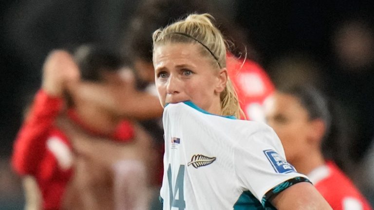 New Zealand's Katie Bowen stands dejected after the Women's World Cup Group A soccer match New Zealand and Switzerland in Dunedin, New Zealand, Sunday, July 30, 2023. (Alessandra Tarantino/AP Photo)