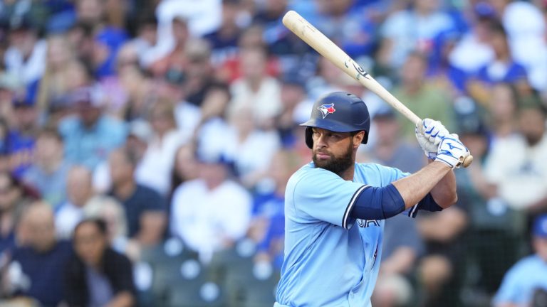 Toronto Blue Jays' Brandon Belt looks on during an at-bat against the Seattle Mariners in a baseball game, Friday, July 21, 2023, in Seattle. (Lindsey Wasson/AP)