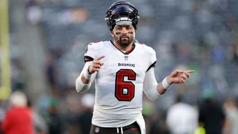 Tampa Bay Buccaneers quarterback Baker Mayfield (6) warms up before a preseason NFL football game against the New York Jets, Saturday, Aug. 19, 2023, in East Rutherford, N.J. (Adam Hunger/AP)