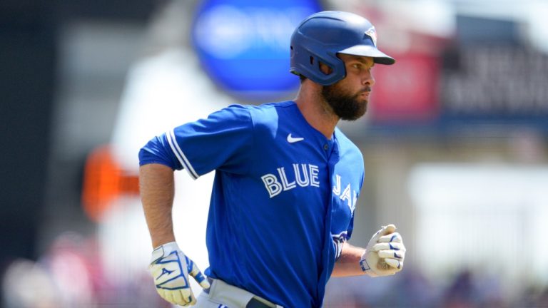 Toronto Blue Jays' Brandon Belt rounds the bases after hitting a two-run home run against the Cincinnati Reds in the second inning of a baseball game in Cincinnati, Sunday, Aug. 20, 2023. (Jeff Dean/AP Photo)