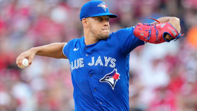 Toronto Blue Jays starting pitcher Jose Berrios throws against the Cincinnati Reds in the first inning of a baseball game in Cincinnati, Friday, Aug. 18, 2023. (Jeff Dean/AP)