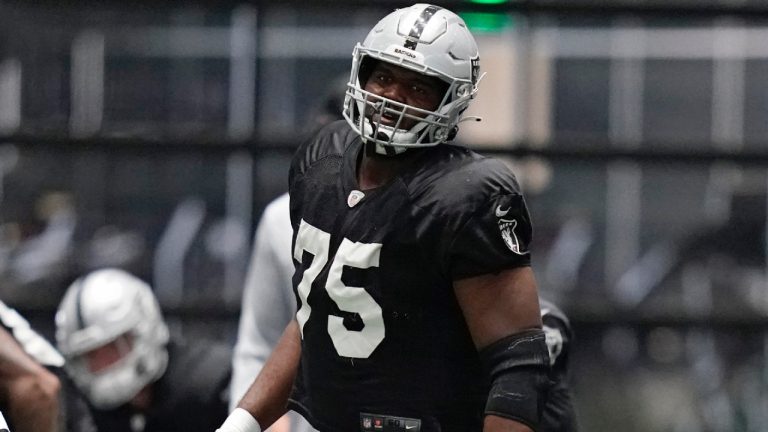 Las Vegas Raiders offensive tackle Brandon Parker (75) warms up during an NFL football training camp practice Thursday, Aug. 20, 2020, in Henderson, Nev. (John Locher/AP)