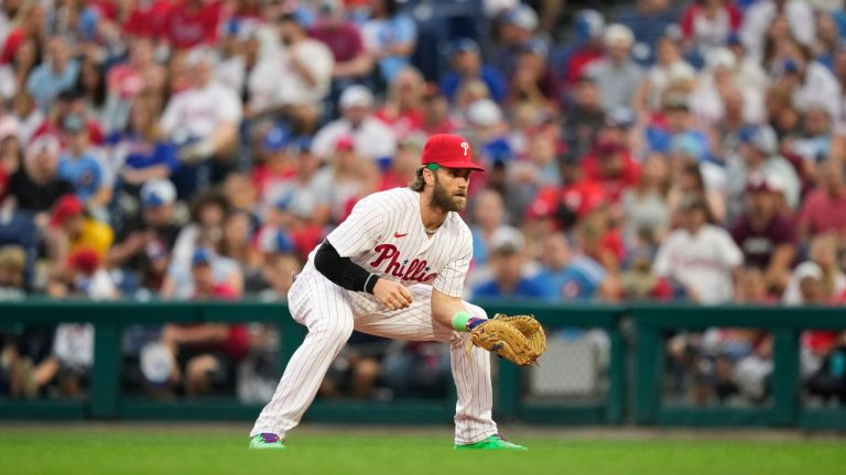 Philadelphia Phillies' Bryce Harper plays during a baseball game, Friday, Aug. 4, 2023, in Philadelphia. (Matt Slocum/AP Photo)