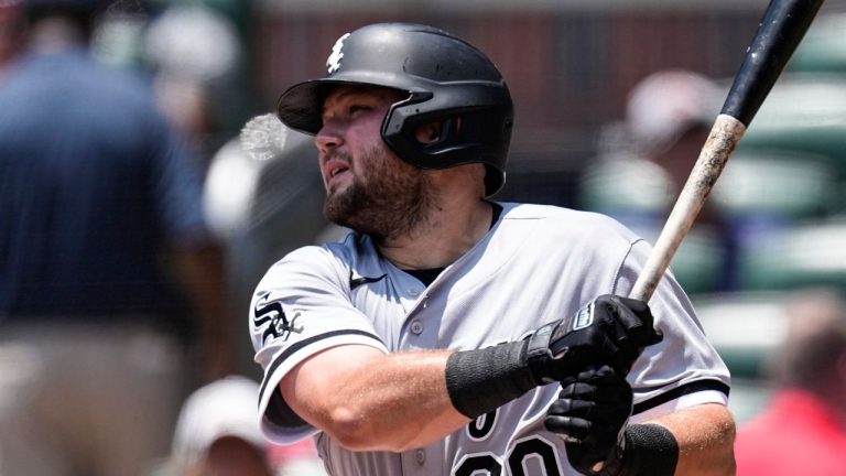 Chicago White Sox third baseman Jake Burger hits a two-run home run in the second inning of a baseball game against the Atlanta Braves Sunday, July 16, 2023, in Atlanta. (John Bazemore/AP Photo)