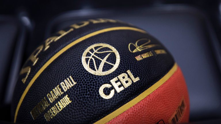 Official game ball of the Canadian Elite Basketball League sits courtside ahead of CEBL game action between the Scarborough Shooting Stars and Guelph Nighthawks in Guelph, Ont., on Thursday, May 26, 2022. The Canadian Elite Basketball League says it is expanding to Winnipeg for the 2023 season. (Nick Iwanyshyn/CP)