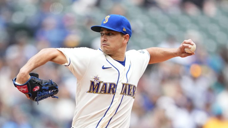 Seattle Mariners starting pitcher Marco Gonzales throws during a baseball game against the Pittsburgh Pirates Sunday, May 28, 2023, in Seattle. (Lindsey Wasson/AP)