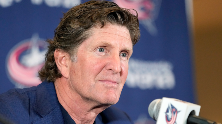 Mike Babcock addresses the media as the Columbus Blue Jackets introduce him as their new head coach during a news conference on Saturday, July 1, 2023 in Columbus, Ohio. (Kyle Robertson/The Columbus Dispatch via AP)