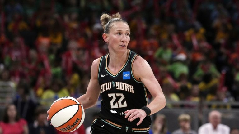 New York Liberty guard Courtney Vandersloot (22) plays against the Indiana Fever in the first half of a WNBA basketball game in Indianapolis, Wednesday, July 12, 2023. (Michael Conroy/AP)