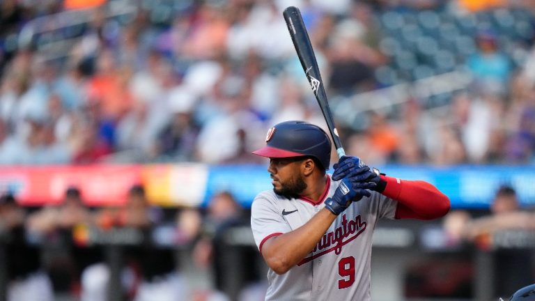 Washington Nationals' Jeimer Candelario (9) during the first inning of a baseball game against the New York Mets Friday, July 28, 2023, in New York. (Frank Franklin II/AP)