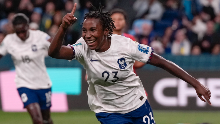 France's Vicki Becho celebrates after scoring her side's sixth goal during the Women's World Cup Group F soccer match between France and Panama at the Sydney Football Stadium in Sydney, Australia, Wednesday, Aug. 2, 2023. (AP)