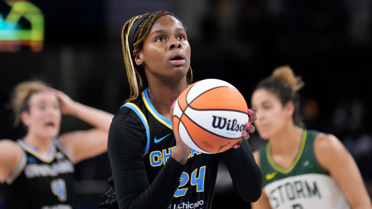 Chicago Sky's Ruthy Hebard eyes a free throw during a WNBA basketball game against the Seattle Storm Friday, July 28, 2023, in Chicago. (AP)