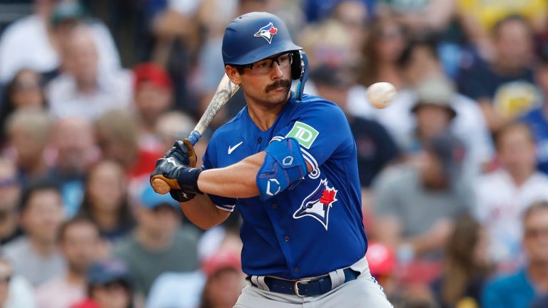 Toronto Blue Jays' Davis Schneider plays against the Boston Red Sox during the third inning of a baseball game, Saturday, Aug. 5, 2023, in Boston. (AP) 