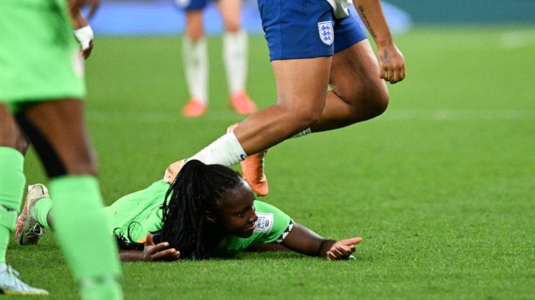 Lauren James of England steps on Michelle Alozie of Nigeria during the Women's World Cup round of 16 soccer match between England and Nigeria in Brisbane, Monday, Aug. 7, 2023. (Darren England/AAP Image via AP) 