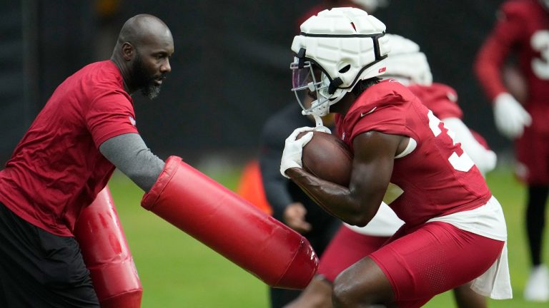 Arizona Cardinals running back Marlon Mack runs with the ball during NFL football training camp practice at State Farm Stadium Monday, Aug. 7, 2023, in Glendale, Ariz. (AP)