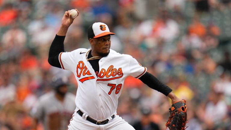 Baltimore Orioles relief pitcher Yennier Cano throws to the Houston Astros in the eighth inning of a baseball game, Thursday, Aug. 10, 2023, in Baltimore. The Orioles won 5-4. (Julio Cortez/AP Photo)