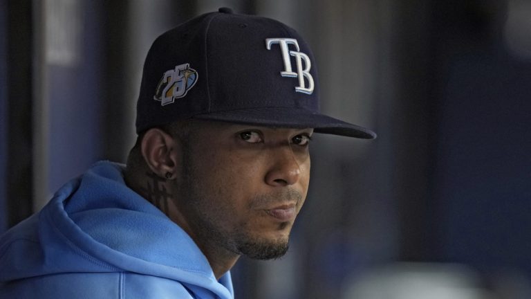 Tampa Bay Rays shortstop Wander Franco watches from the dugout during the fifth inning of a baseball game against the Cleveland Guardians Sunday, Aug. 13, 2023, in St. Petersburg, Fla. (AP)