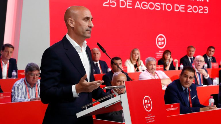 Luis Rubiales speaks during an emergency general assembly meeting in Las Rozas, Friday Aug. 25, 2023. (AP) 