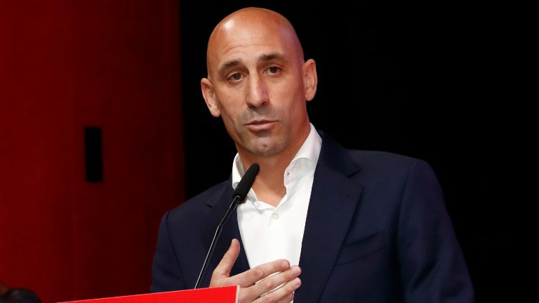 Luis Rubiales speaks during an emergency general assembly meeting in Las Rozas, Friday Aug. 25, 2023. Rubiales has refused to resign despite an uproar for kissing a player, Jennifer Hermoso on the lips without her consent after the Women's World Cup final. (Real Federación Española de Fútbol/Europa Press via AP) 